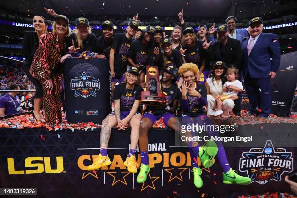 Head coach Kim Mulkey of the LSU Lady Tigers celebrates with her team after defeating the Iowa Hawkeyes during the 2023 NCAA Women's Basketball...