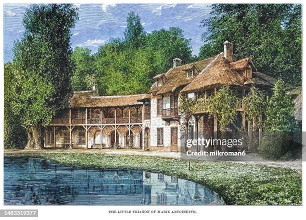 old engraved illustration of the hameau de la reine, a rustic retreat in the park of the château de versailles built for marie antoinette in 1783 near the petit trianon in yvelines, france - yvelines stock pictures, royalty-free photos & images
