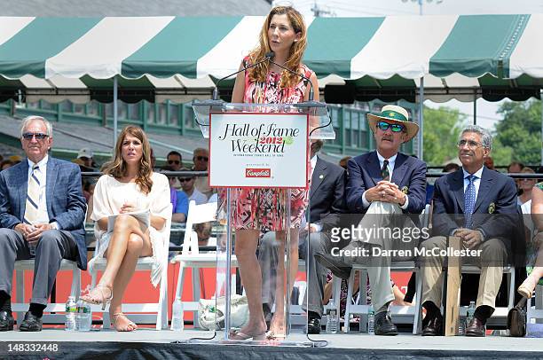 Monica Seles introduces Jennifer Capriati during the International Tennis Hall Of Fame induction ceremonies July 14, 2012 in Newport, Rhode Island....