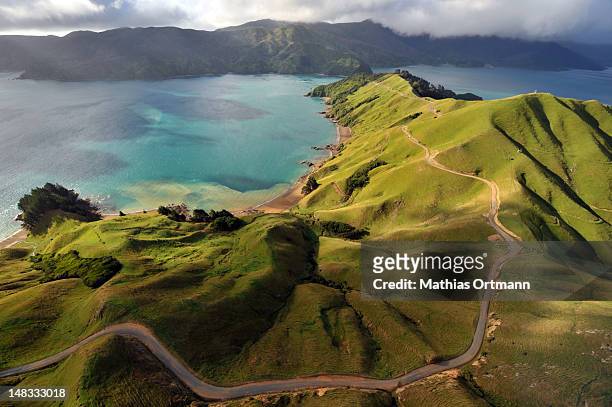 aerial view of marlborough sounds - new zealand stock pictures, royalty-free photos & images