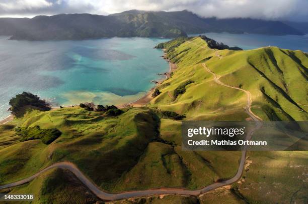 aerial view of marlborough sounds - nova zelândia imagens e fotografias de stock