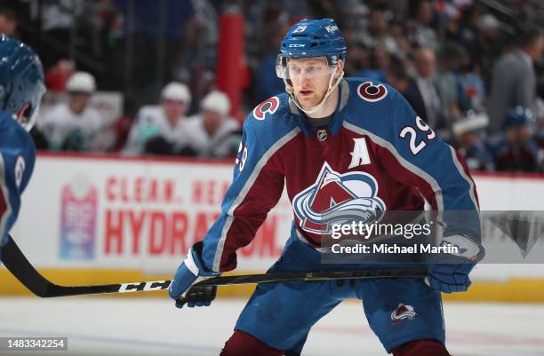 Nathan MacKinnon of the Colorado Avalanche awaits a face-off against the Seattle Kraken in Game One of the First Round of the 2023 Stanley Cup...