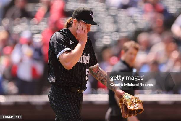 Mike Clevinger of the Chicago White Sox reacts after the first inning against the Philadelphia Phillies at Guaranteed Rate Field on April 19, 2023 in...