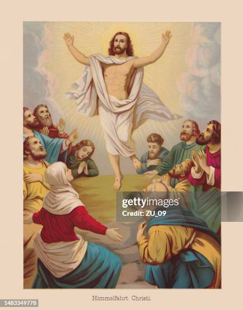 ilustraciones, imágenes clip art, dibujos animados e iconos de stock de ascensión de cristo, cromolitografía, publicado en 1896 - ascension of jesus christ