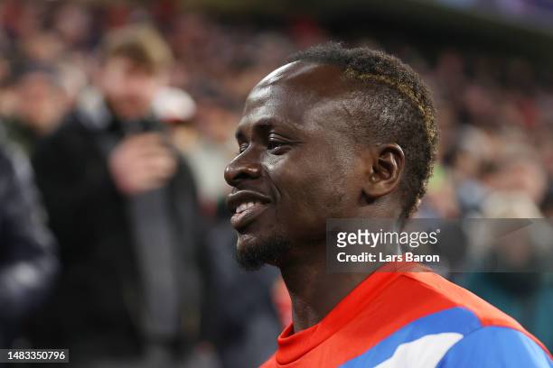 Sadio Mane of FC Bayern Munich smiles prior to the UEFA Champions League quarterfinal second leg match between FC Bayern München and Manchester City...
