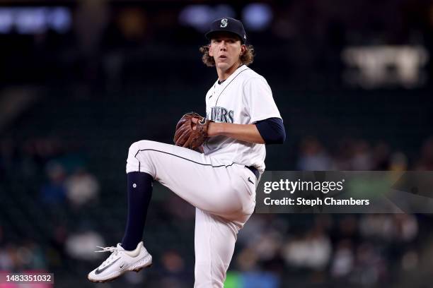 Logan Gilbert of the Seattle Mariners pitches during the second inning against the Milwaukee Brewers at T-Mobile Park on April 18, 2023 in Seattle,...