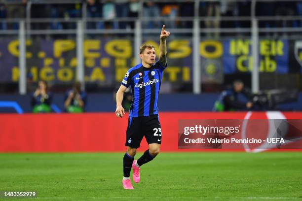 Nicolo Barella of FC Internazionale celebrates after scoring the team's first goal during the UEFA Champions League quarterfinal second leg match...