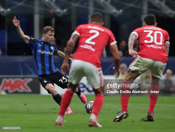Nicolo Barella of FC Internazionale scores their team's first goal during the UEFA Champions League quarterfinal second leg match between FC...