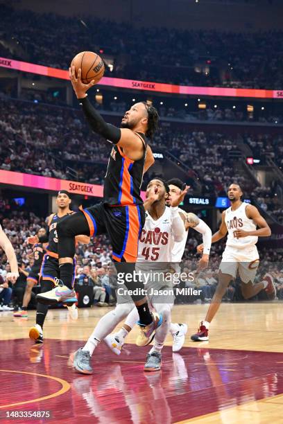 Jalen Brunson of the New York Knicks shoots over Donovan Mitchell of the Cleveland Cavaliers during the first quarter of Game Two of the Eastern...