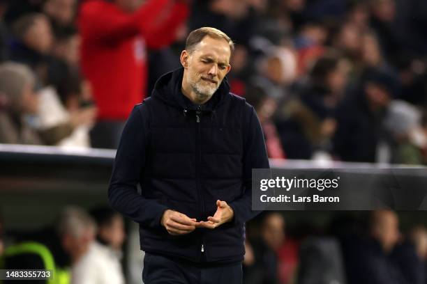 Thomas Tuchel, Head Coach of FC Bayern Munich, reacts during the UEFA Champions League quarterfinal second leg match between FC Bayern München and...