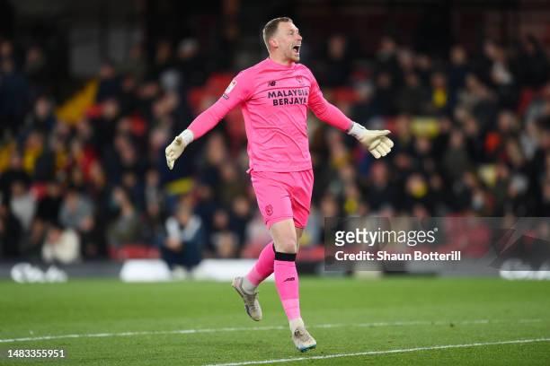 Ryan Allsop of Cardiff City celebrates after teammate Sory Kaba scores the team's third goal during the Sky Bet Championship match between Watford...