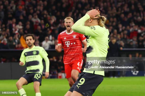 Erling Haaland of Manchester City reacts after missing a penalty kick during the UEFA Champions League quarterfinal second leg match between FC...