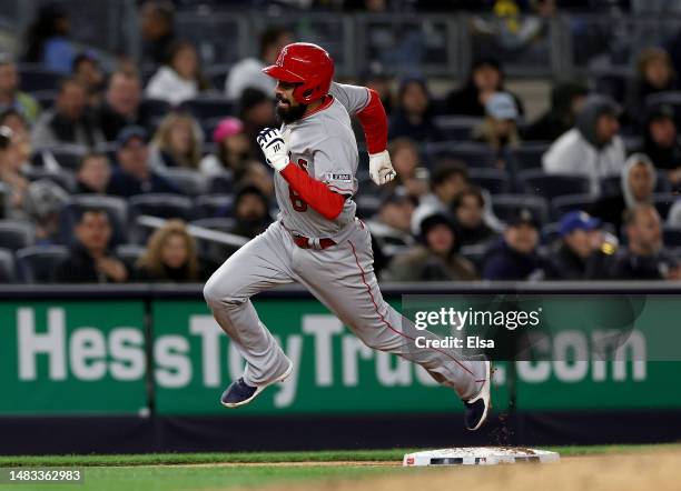 Anthony Rendon of the Los Angeles Angels rounds third and heads for home in the fourth inning against the New York Yankees at Yankee Stadium on April...