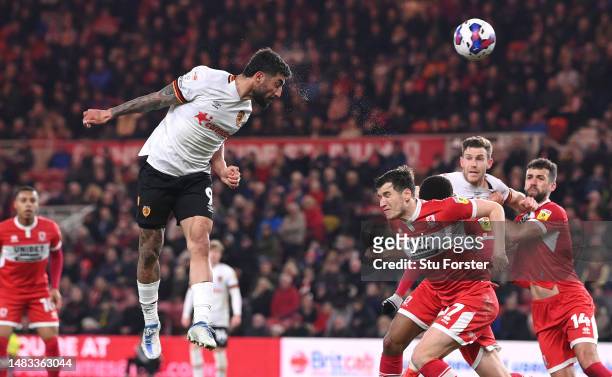Allahyar Sayyad of Hull rises to head in the first goal during the Sky Bet Championship between Middlesbrough and Hull City at Riverside Stadium on...
