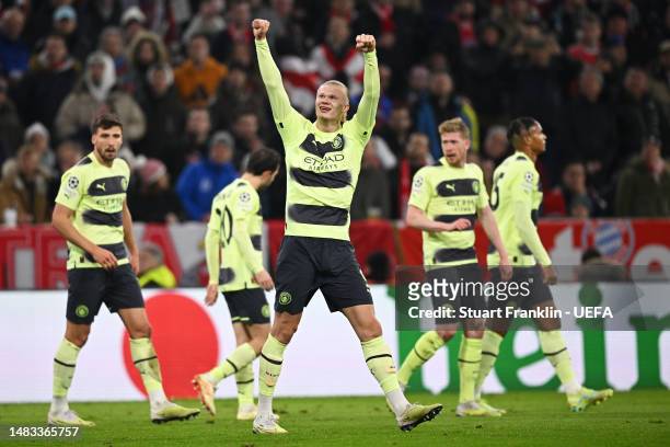 Erling Haaland of Manchester City celebrates after scoring the team's first goal during the UEFA Champions League quarterfinal second leg match...