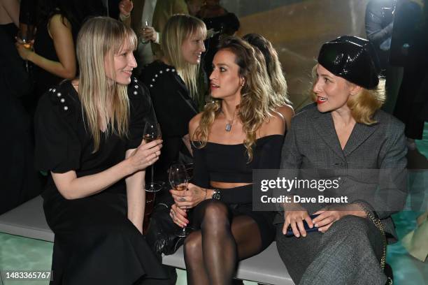 Jade Parfitt, Alice Dellal and Charlotte Dellal attend the La Mer heritage dinner at Frameless, Marble Arch Place on April 19, 2023 in London,...