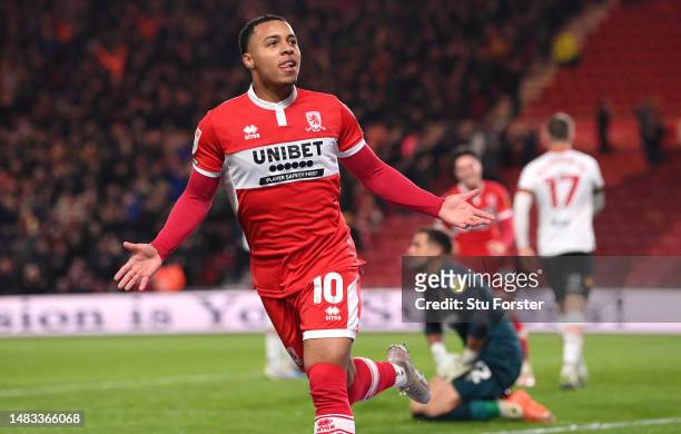 Middlesbrough player Cameron Archer celebrates after scoring the second Boro goal during the Sky Bet Championship between Middlesbrough and Hull City...