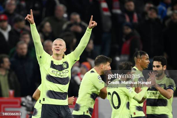 Erling Haaland of Manchester City celebrates after scoring the team's first goal during the UEFA Champions League quarterfinal second leg match...