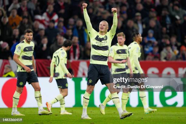 Erling Haaland of Manchester City celebrate after scoring a goal during the UEFA Champions League quarterfinal second leg match between FC Bayern...