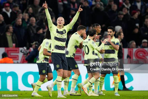 Erling Haaland of Manchester City celebrate after scoring a goal during the UEFA Champions League quarterfinal second leg match between FC Bayern...