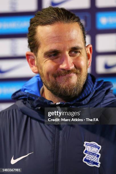 Darren Carter, Manager of Birmingham City, speaks to the media after the team's victory in the Barclays FA Women's Championship match between...