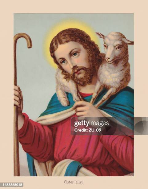 the good shepherd, chromolithograph, published in 1896 - christ the redeemer stock illustrations