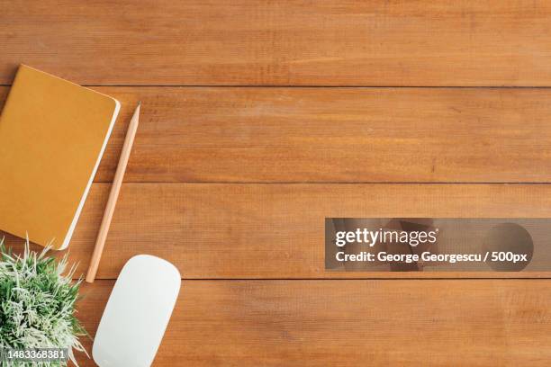 minimal work space - creative flat lay photo of workspace desk office desk wooden table background with mock up notebooks and pencil and plant top view with copy space,flat lay photography,romania - pen mockup stock pictures, royalty-free photos & images