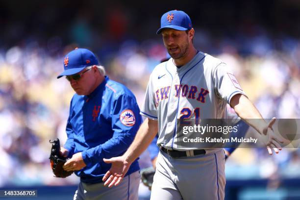 Max Scherzer of the New York Mets reacts after an ejection by umpire Phil Cuzzi during the third inning against the Los Angeles Dodgers at Dodger...