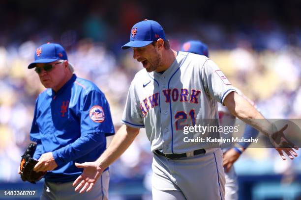 Max Scherzer of the New York Mets reacts after an ejection by umpire Phil Cuzzi during the third inning against the Los Angeles Dodgers at Dodger...