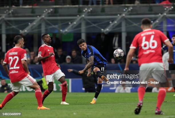 Joaquin Correa of FC Internazionale scores their team's third goal during the UEFA Champions League quarterfinal second leg match between FC...