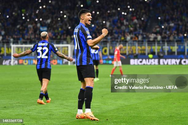 Joaquin Correa of FC Internazionale celebrates after scoring the team's third goal during the UEFA Champions League quarterfinal second leg match...