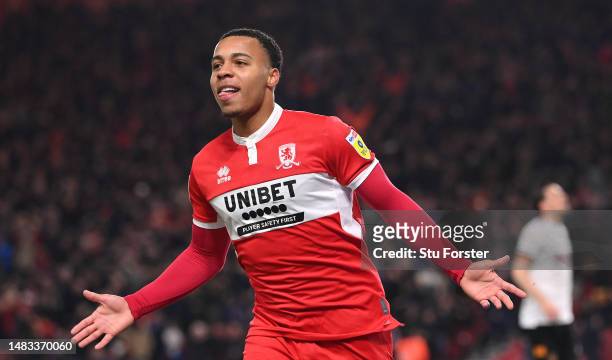 Middlesbrough player Cameron Archer celebrates after scoring the second Boro goal during the Sky Bet Championship between Middlesbrough and Hull City...