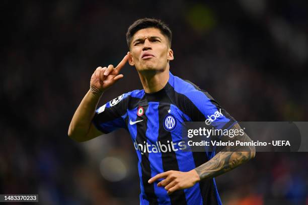 Joaquin Correa of FC Internazionale celebrates after scoring the team's third goal during the UEFA Champions League quarterfinal second leg match...