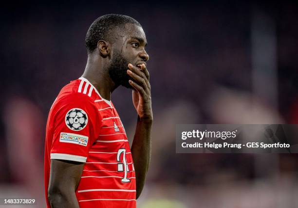 Dayot Upamecano of Bayern reacts during the UEFA Champions League quarterfinal second leg match between FC Bayern München and Manchester City at...