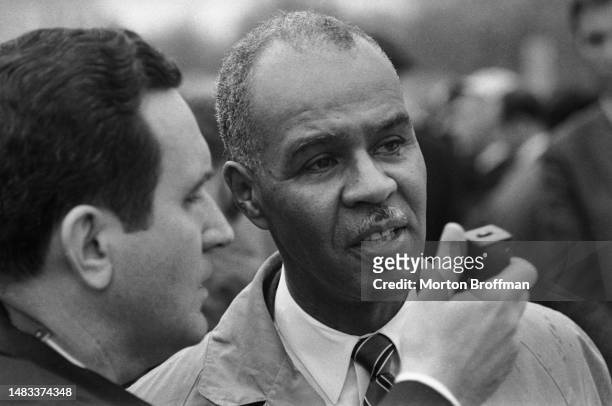 Roy Wilkins Executive Director of the NAACP being interviewed in Montgomery at the end of the march from Selma, Alabama on March 25, 1965