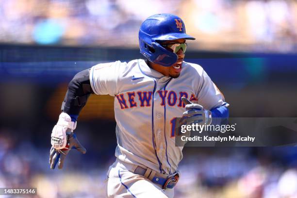 Francisco Lindor of the New York Mets runs to first base during the sixth inning against the Los Angeles Dodgers at Dodger Stadium on April 19, 2023...