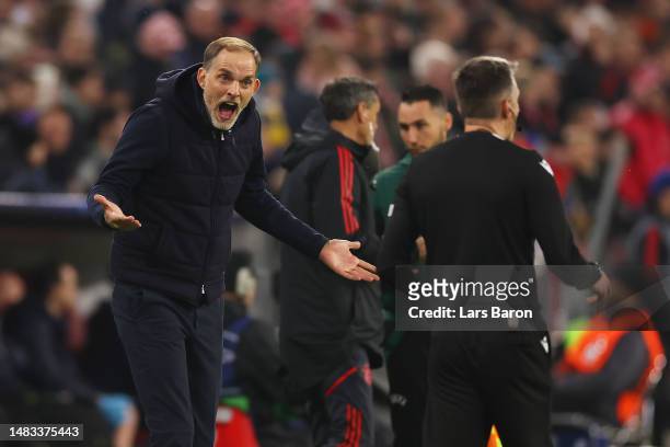 Thomas Tuchel, Head Coach of FC Bayern Munich, reacts towards Assistant Referee, Nicolas Danos during the UEFA Champions League quarterfinal second...