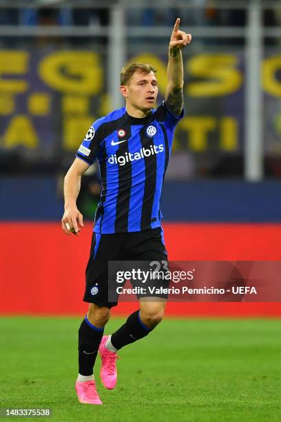 Nicolo Barella of FC Internazionale celebrates after scoring the team's first goal during the UEFA Champions League quarterfinal second leg match...