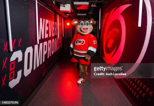 Carolina Hurricanes mascot Stormy arrives prior to Game Two of the First Round of the 2023 Stanley Cup Playoffs against the New York Islanders at PNC...
