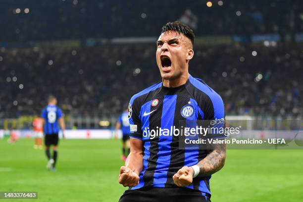 Lautaro Martinez of FC Internazionale celebrates after scoring the team's second goal during the UEFA Champions League quarterfinal second leg match...