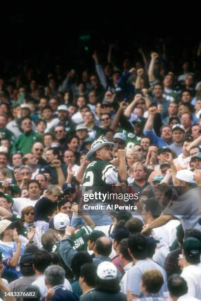 Fireman Ed" Ed Anzalone, a superfan of the New York Jets leads cheers in the game between the Atlanta Falcons vs the New York Jets at The Meadowlands...