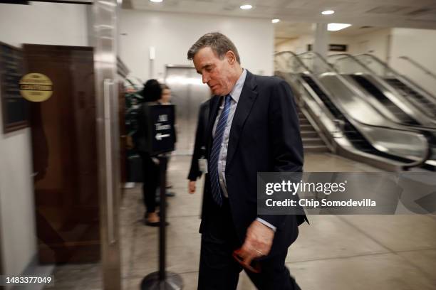 Senate Intelligence Committee Co-Chair Mark Warner heads for a closed-door briefing by intelligence officials about the Discord leaks at the U.S....