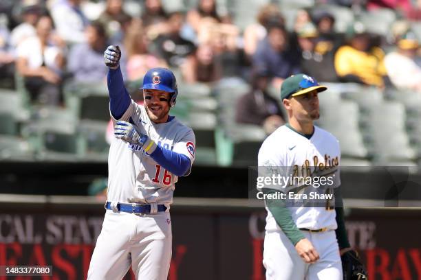 Patrick Wisdom of the Chicago Cubs reacts after he hit a triple that scored two runs in the sixth inning against the Oakland Athletics at RingCentral...