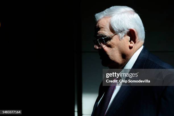 Senate Foreign Relations Committee Chairman Robert Menendez arrives for a closed-door briefing by intelligence officials about the Discord leaks at...