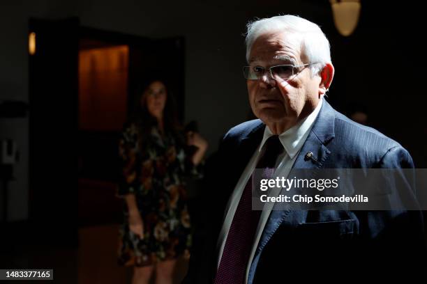 Senate Foreign Relations Committee Chairman Robert Menendez arrives for a closed-door briefing by intelligence officials about the Discord leaks at...