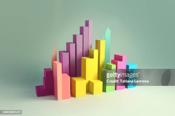 geometric figures on green background imitating business graph. colorful blocks symbolizing chart. business analysis, e-commerce, retail, figures concept - 3d graph stock-fotos und bilder