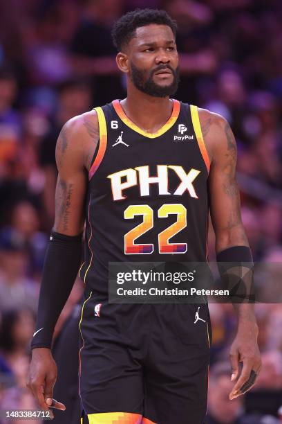 Deandre Ayton of the Phoenix Suns during Game One of the Western Conference First Round Playoffs at Footprint Center on April 16, 2023 in Phoenix,...
