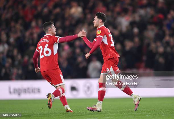 Middlesbrough player Hayden Hackney celebrates after scoring the first Boro goal during the Sky Bet Championship between Middlesbrough and Hull City...