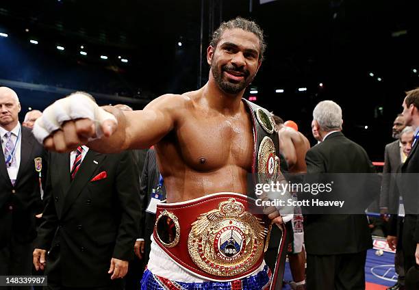 David Haye celebrates after his victory over Dereck Chisora during their vacant WBO and WBA International Heavyweight Championship bout on July 14,...