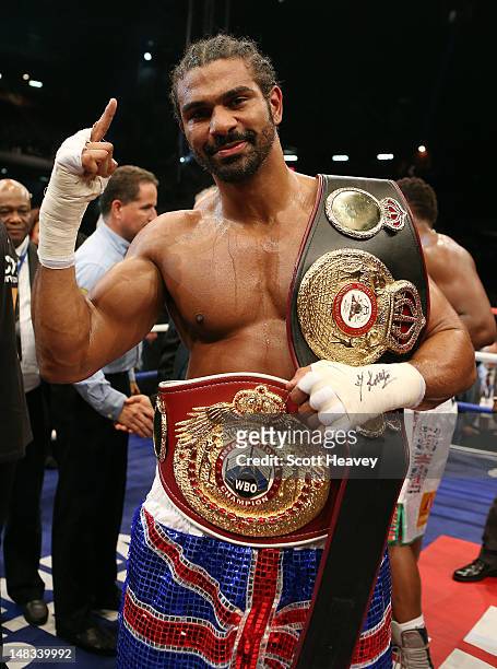 David Haye celebrates after his victory over Dereck Chisora during their vacant WBO and WBA International Heavyweight Championship bout on July 14,...